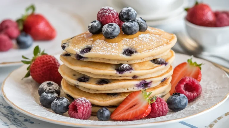 Light & Tender Banana Blueberry Pancakes with Fresh Berries