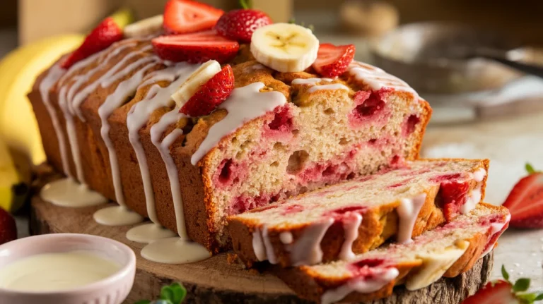 Moist Strawberry Banana Bread with Vanilla Glaze