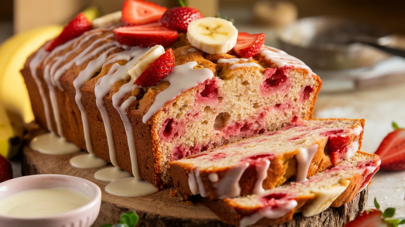 Moist Strawberry Banana Bread with Vanilla Glaze