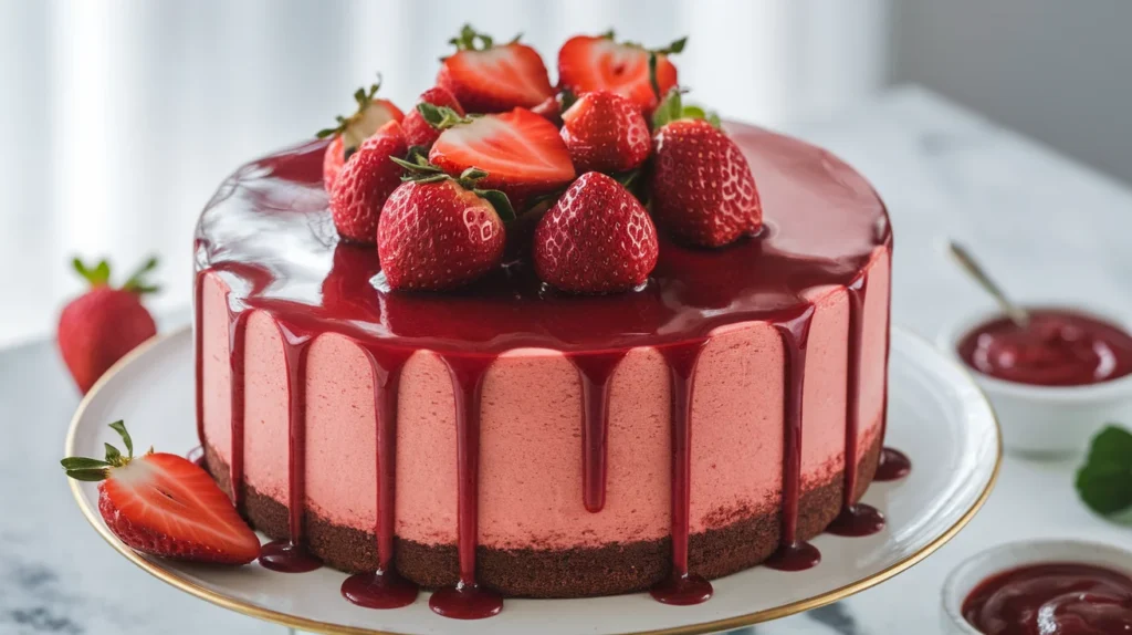 Red Velvet Cheesecake with Strawberry Sauce Drizzle