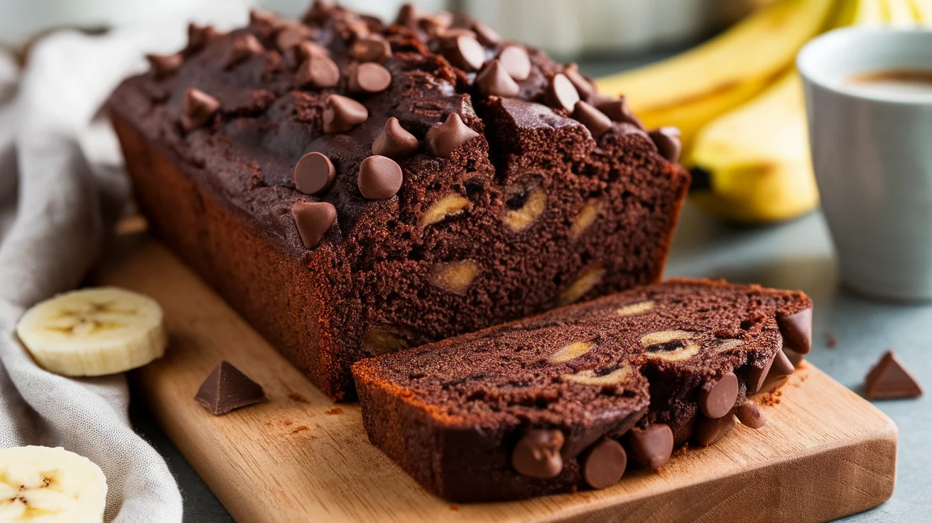 Moist Triple Chocolate Banana Bread with Chocolate Chips