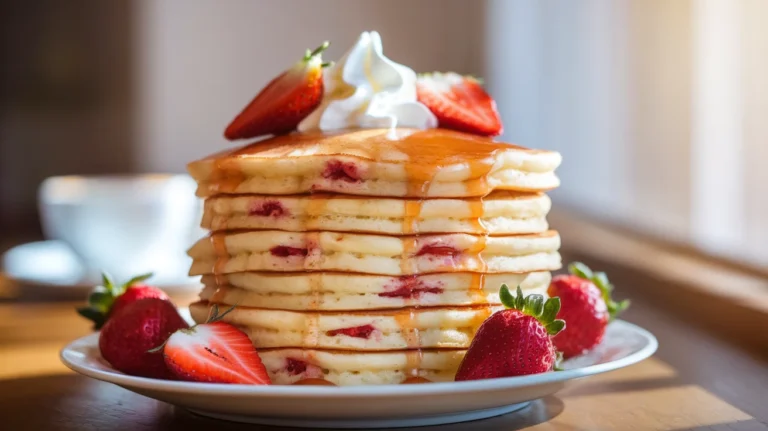 Strawberry Vanilla Cheesecake Pancakes with Sweet Glaze