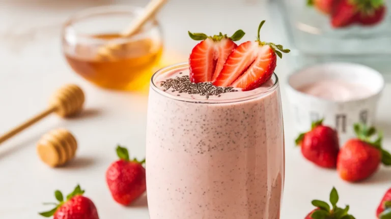Strawberry Yogurt Breakfast Smoothie with Honey & Chia Seeds