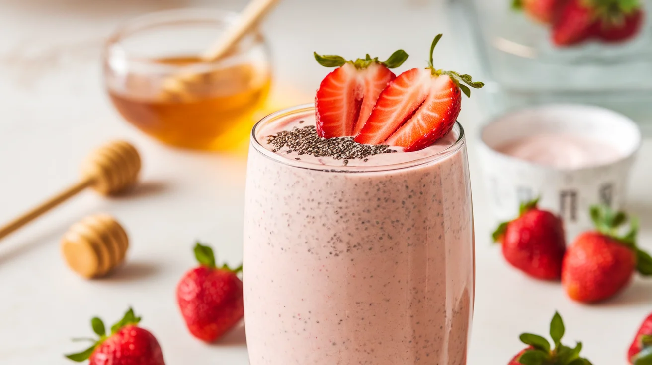 Strawberry Yogurt Breakfast Smoothie with Honey & Chia Seeds