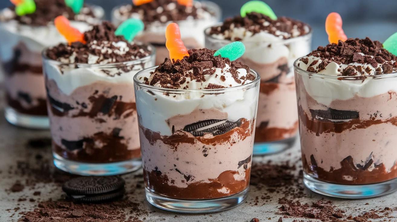Mini Oreo Dirt Parfaits with Whipped Cream & Cookie Crumbs