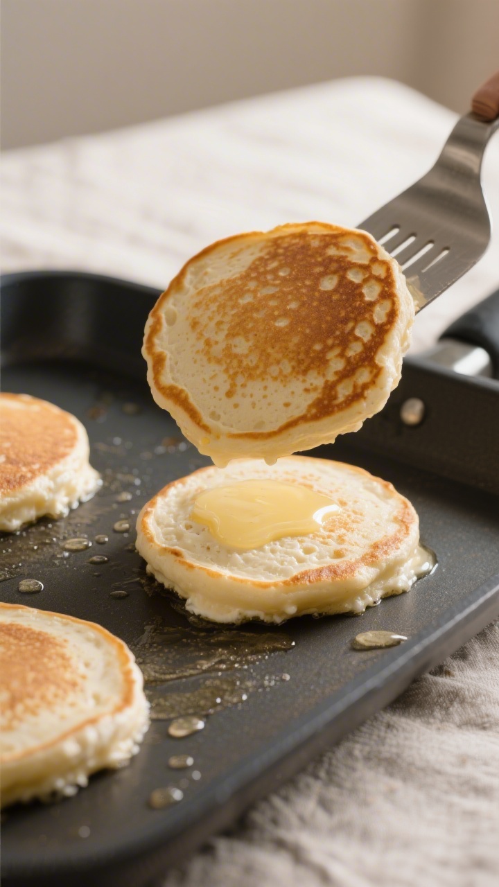 Close-up cooking process: Ricotta pancakes on a nonstick griddle at medium heat, three pancakes mid-