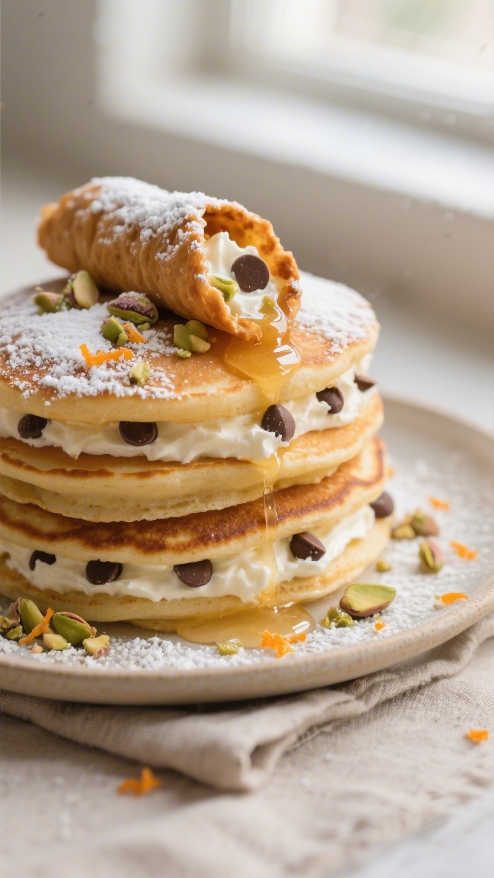 Close-up detail: A warm stack of cannoli-inspired dessert pancakes layered with ricotta-cream fillin