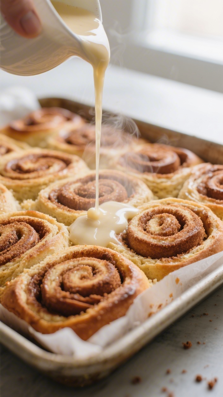 Close-up detail, cooking process: A 9x13-inch pan of freshly baked cinnamon roll cake just out of th