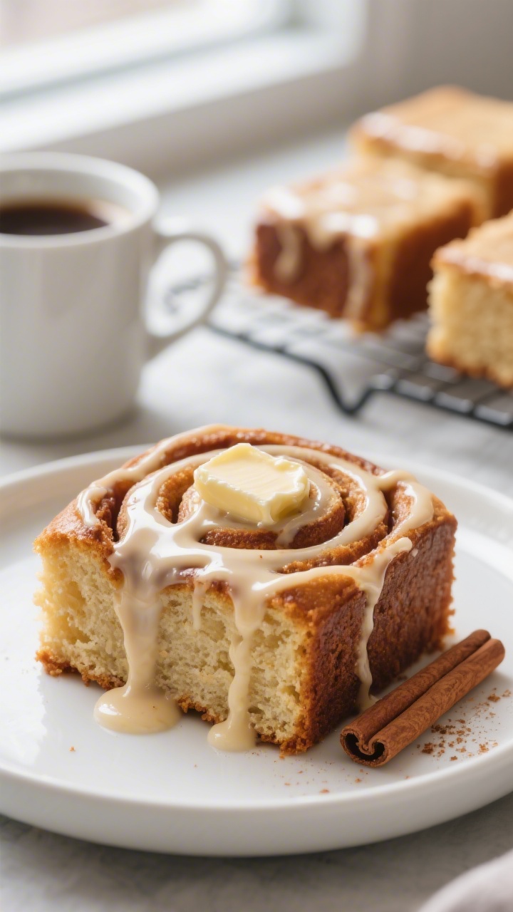 Close-up detail of a sliced square of cinnamon roll coffee cake on a matte white plate, warm and dri