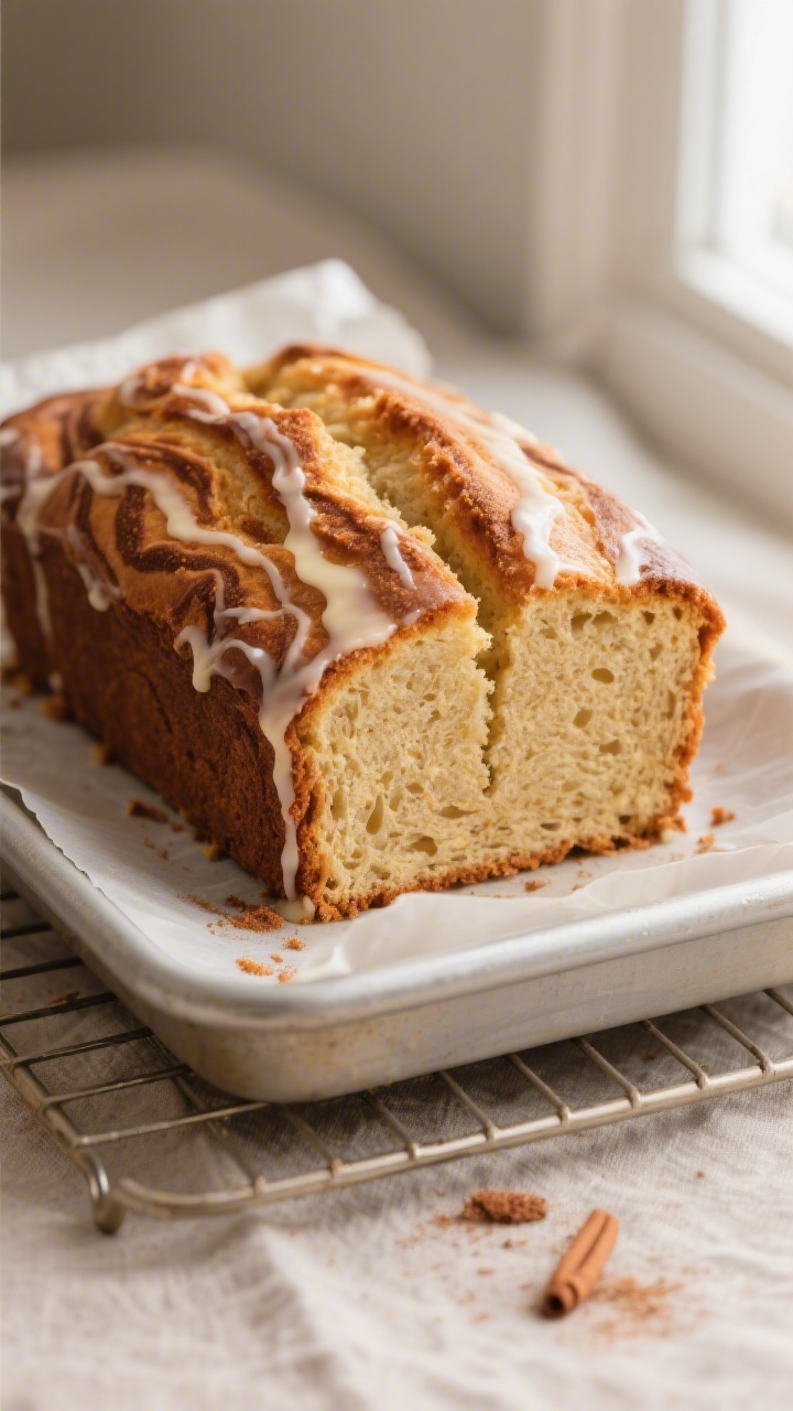 Close-up detail shot: A freshly baked cinnamon loaf just lifted from a parchment-lined 9x5-inch pan,
