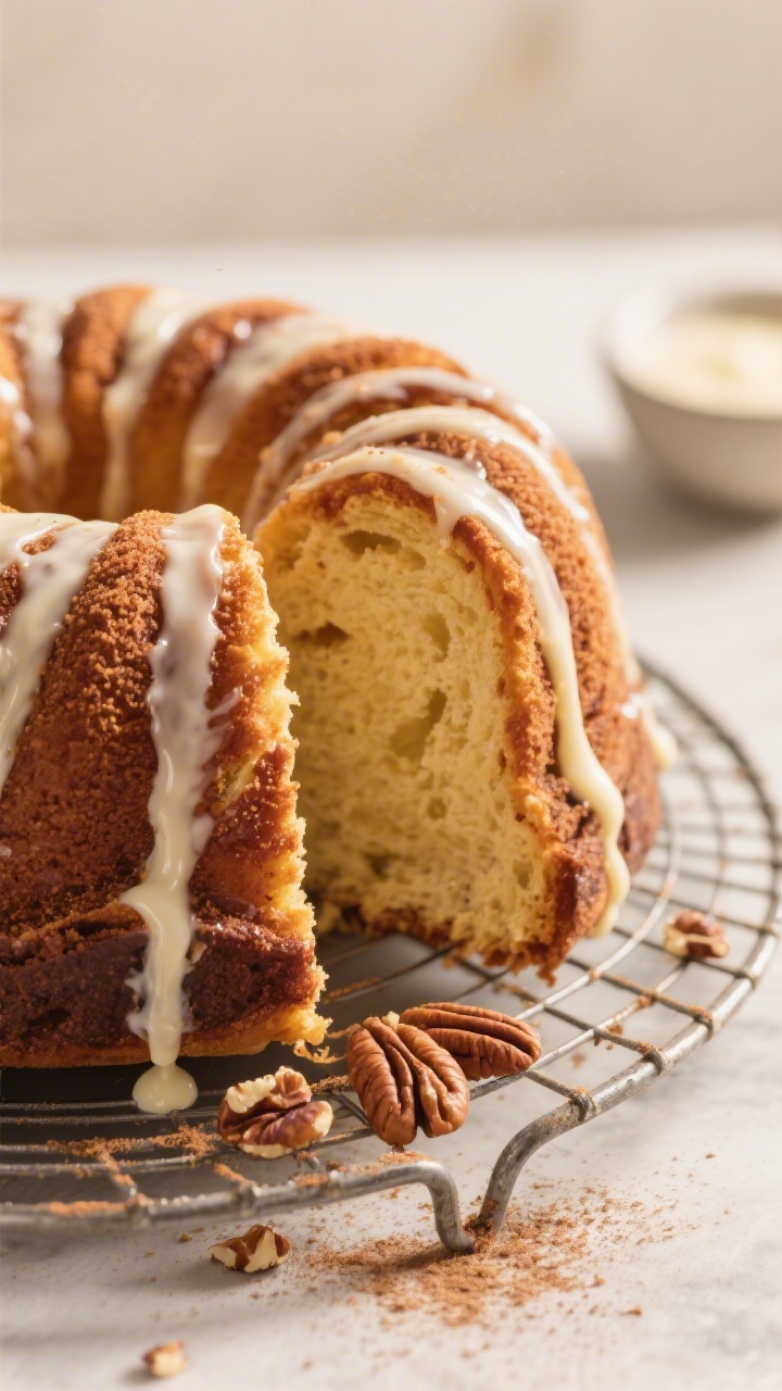 Close-up detail shot: A freshly unmolded cinnamon roll bundt cake on a wire rack, captured at a slig