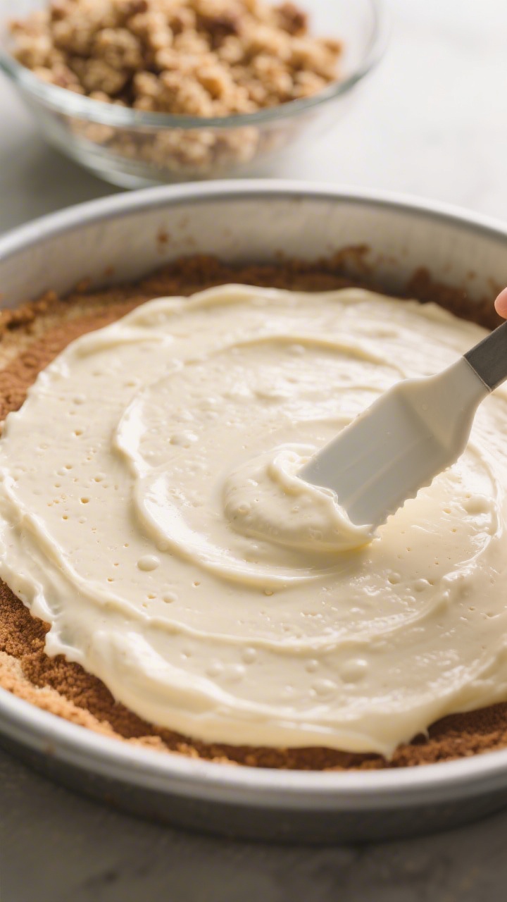 Close-up process detail of the top batter layer being gently smoothed with an offset spatula over th
