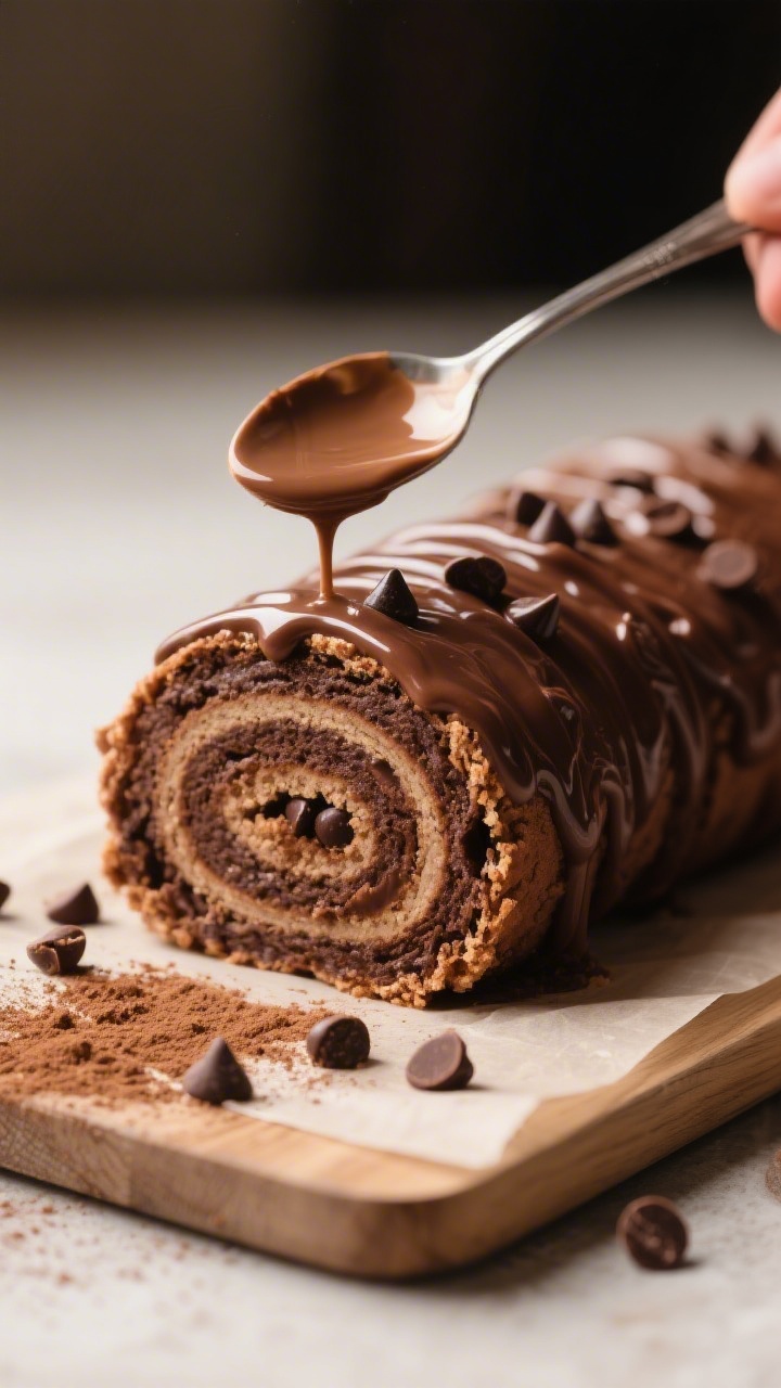 Close-up process shot of a sliced Chocolate Espresso roll on a parchment-lined board, showing the ti