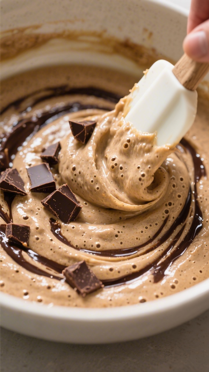 Close-up process shot of thick banana bread batter being gently folded in a bowl, featuring the Espr