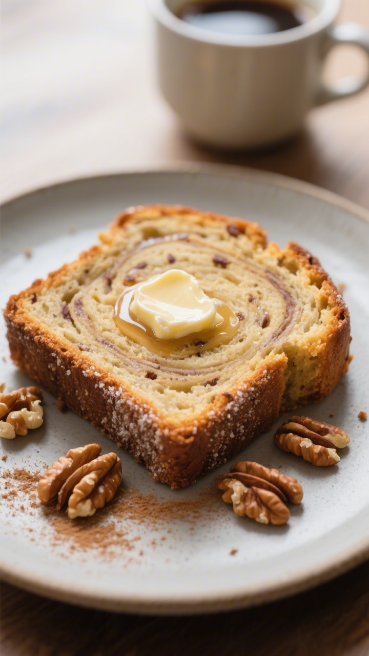 Close-up, three-quarter angle of a plated slice of cinnamon banana bread, toasted lightly with a pat