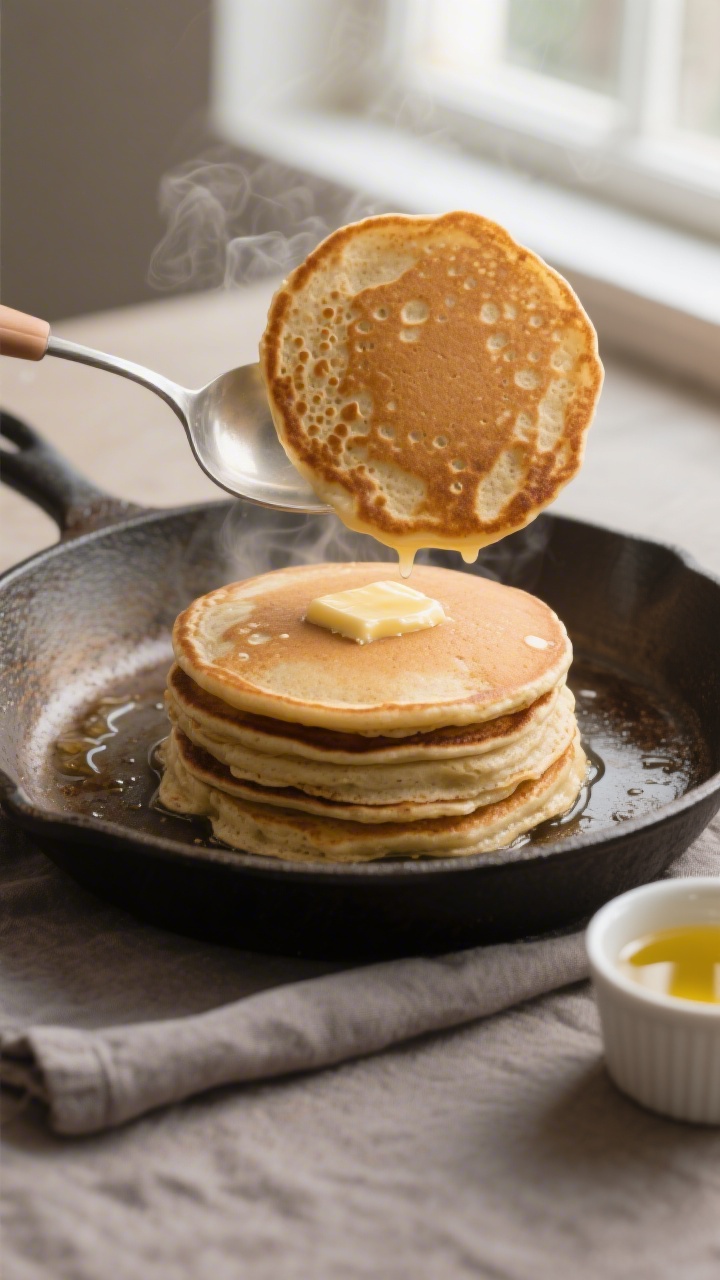 Cooking process close-up: A medium stack of gluten-free pancakes mid-cook on a seasoned cast-iron gr