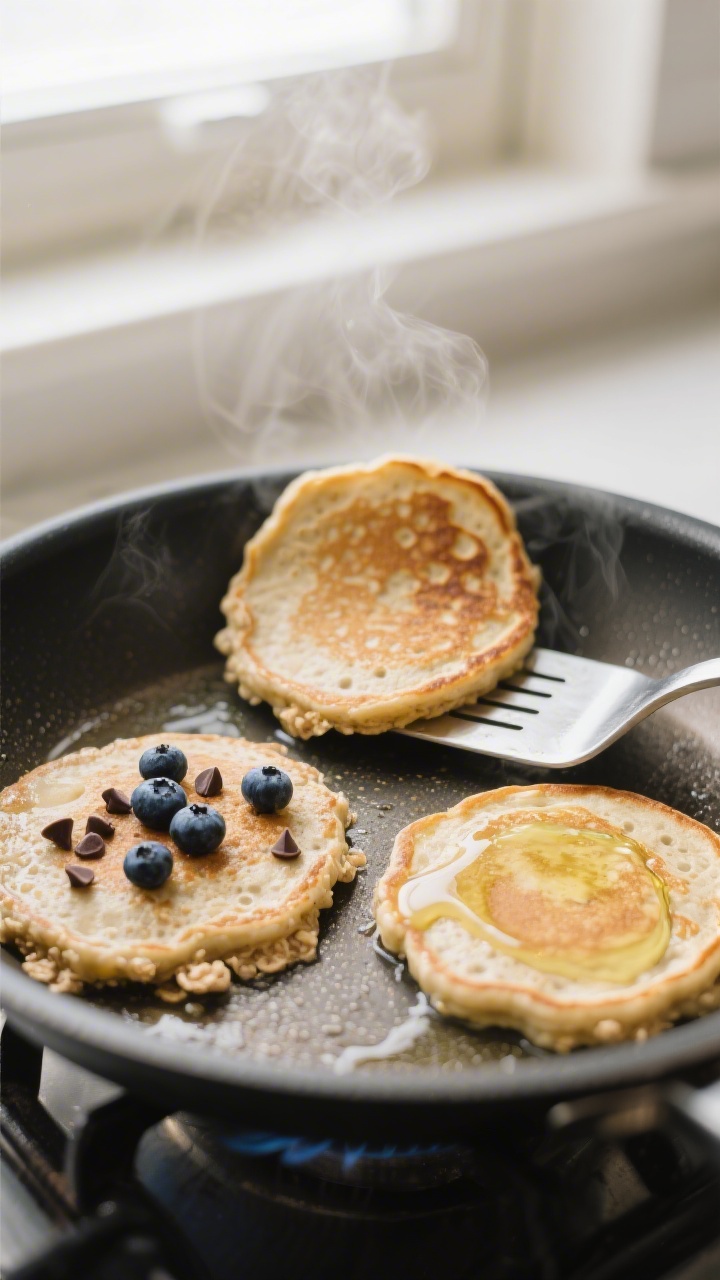 Cooking process close-up: A nonstick skillet over medium heat with three oatmeal banana pancakes mid