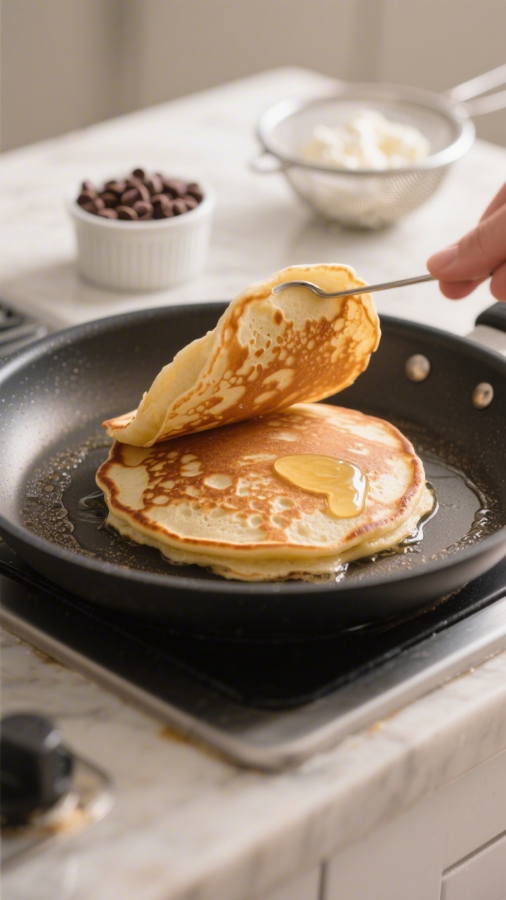 Cooking process, close-up: Fluffy cannoli pancakes on a nonstick griddle mid-cook, one pancake just