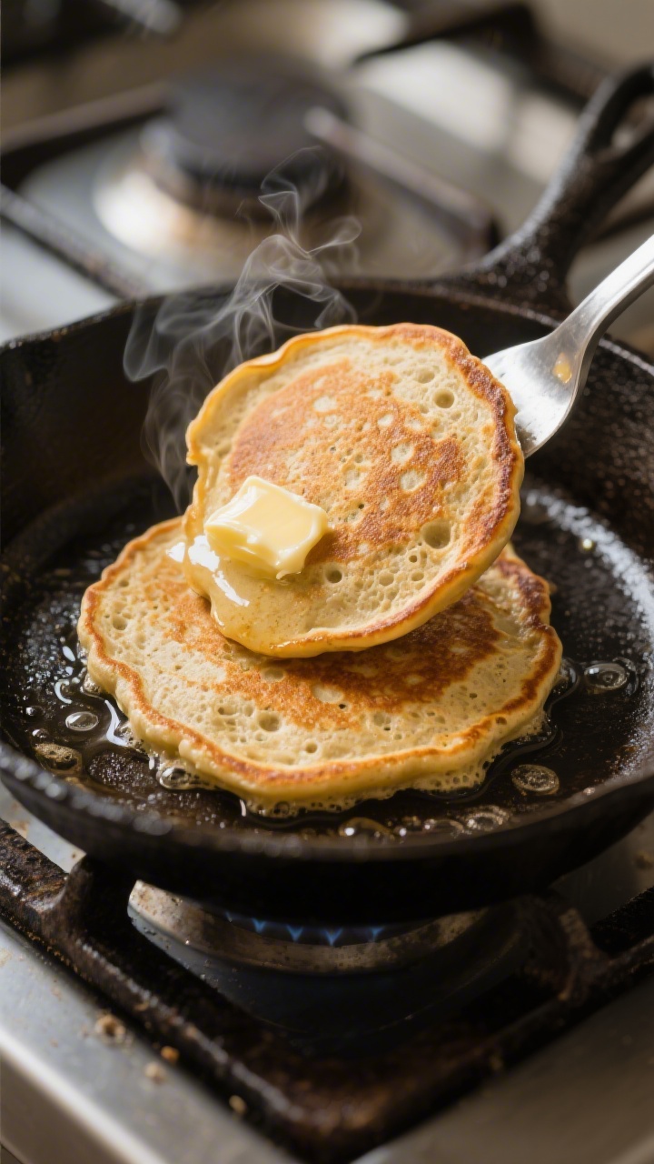 Cooking process close-up: Golden-browning gluten-free pancakes on a cast-iron skillet over medium he