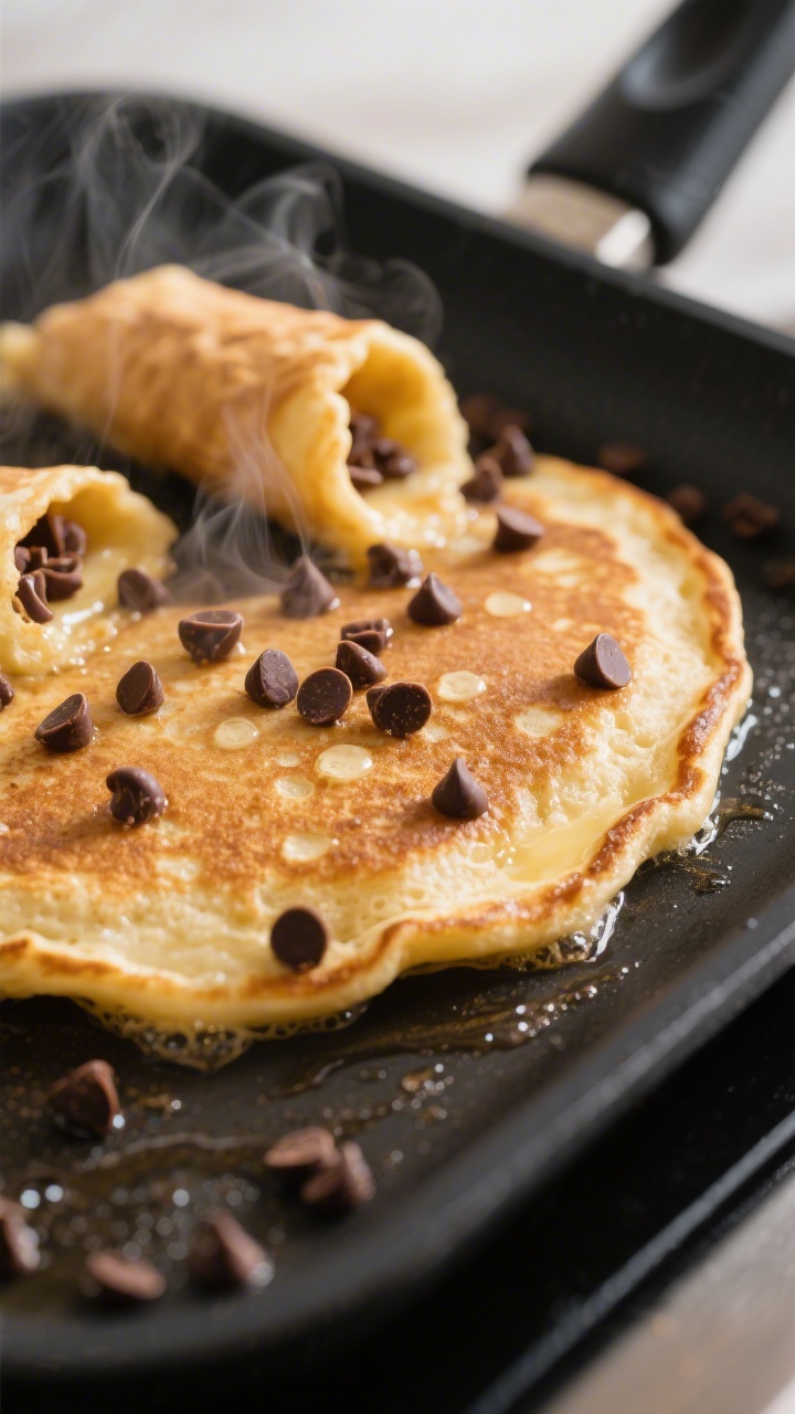 Cooking process close-up: Golden, fluffy cannoli pancakes sizzling on a buttered nonstick griddle ov