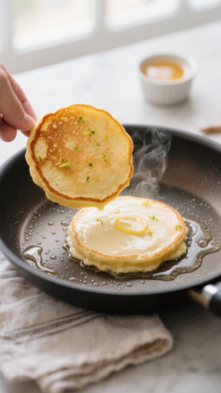 Cooking process close-up: Mascarpone pancakes on a nonstick skillet mid-cook, 1/4-cup rounds with se