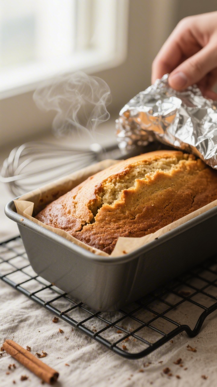 Cooking process close-up: Warm banana bread loaf just out of the oven in a 9x5 parchment-lined pan,