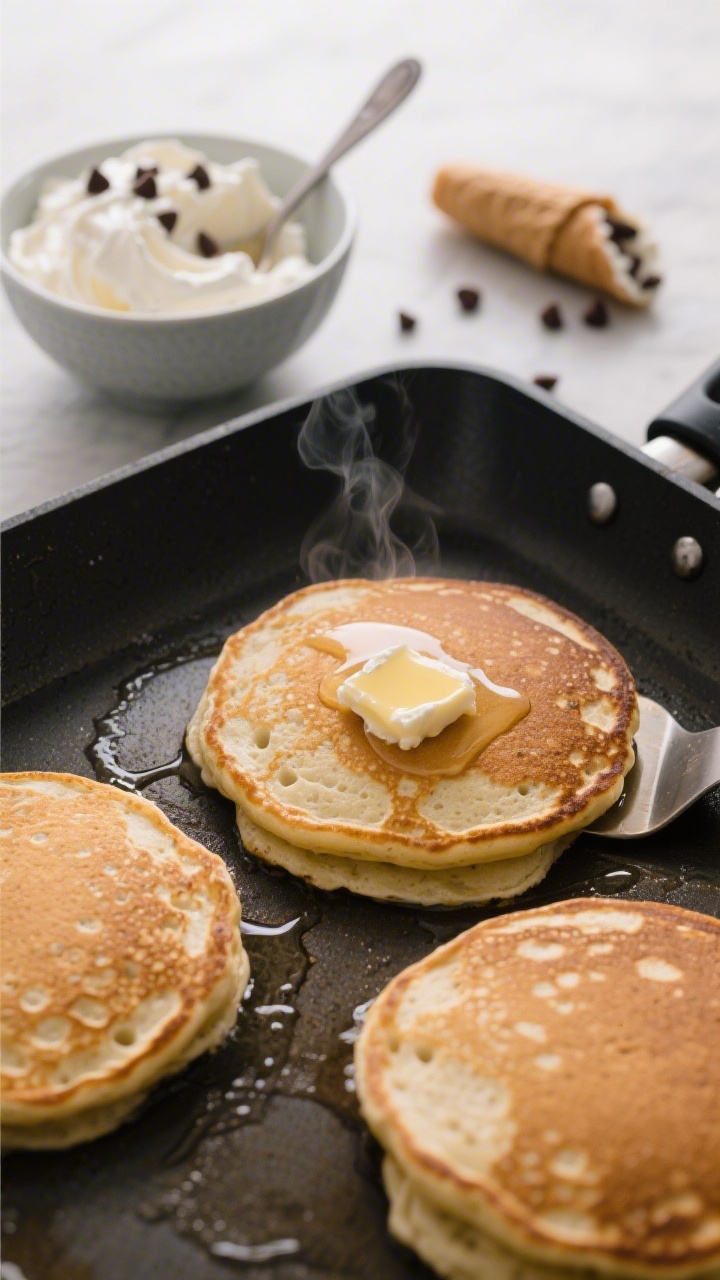 Cooking process overhead: Top-down shot of pancakes just flipped on a buttered nonstick griddle, sho