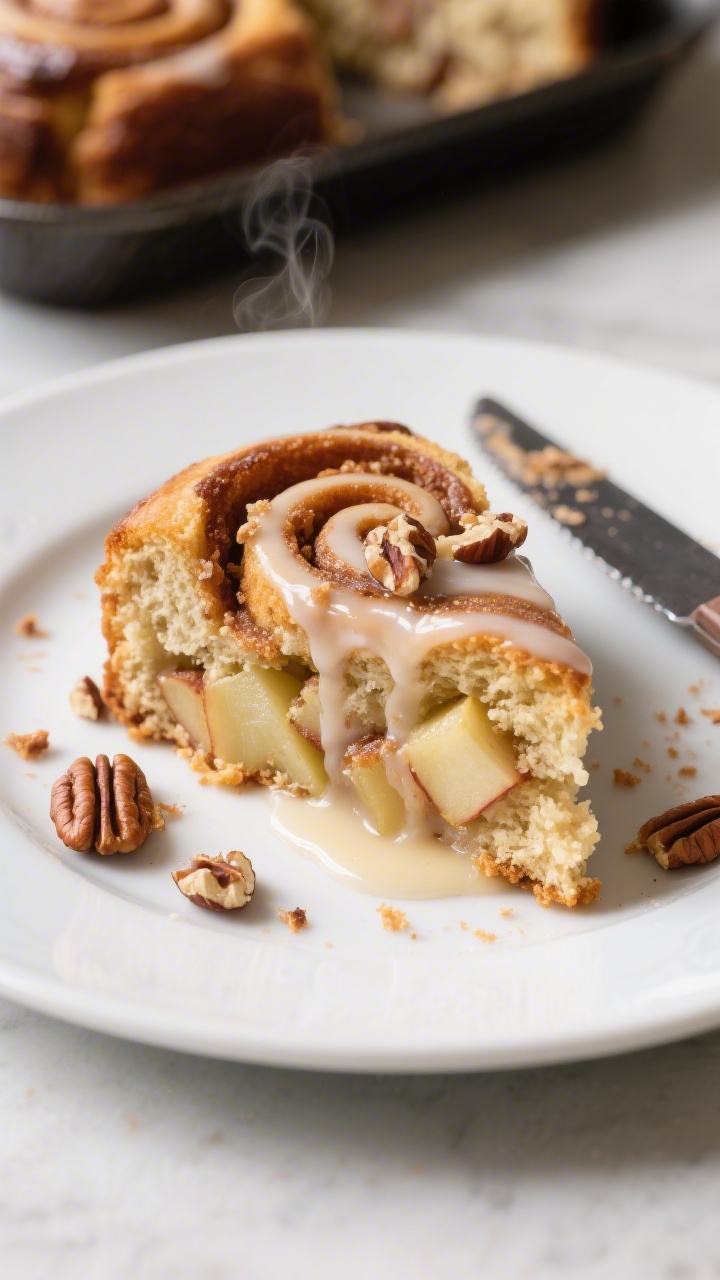 Extreme close-up slice of Apple Cinnamon Roll Cake on a matte white dessert plate, showcasing the mo