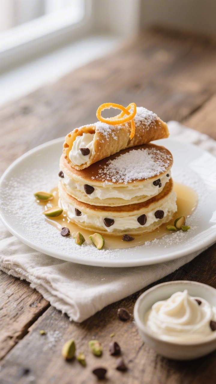Final dish, overhead top view: Stacked Italian cannoli pancakes layered with creamy ricotta–mascar