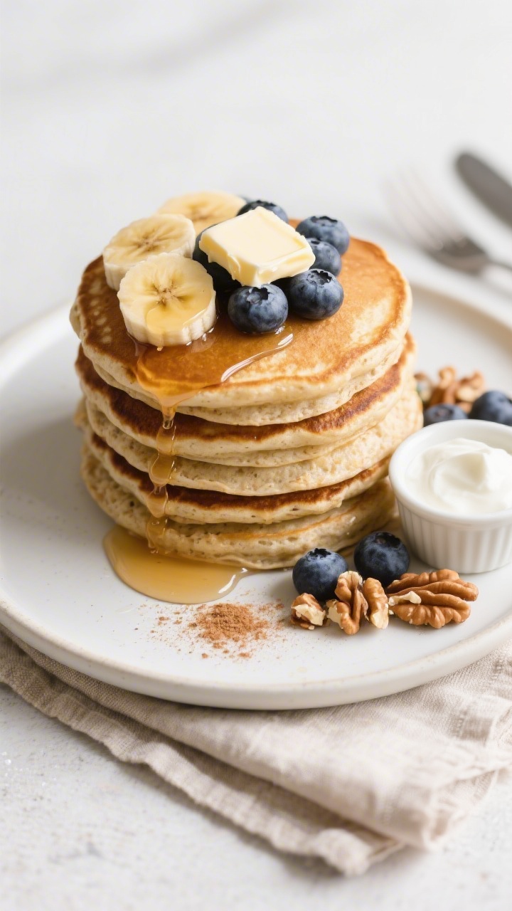 Final plated overhead: A tall stack of fluffy blender oatmeal pancakes on a matte white plate, toppe