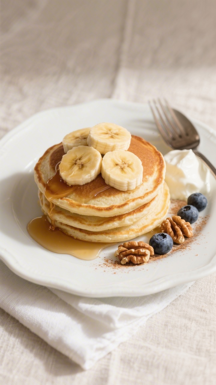 Final plated overhead: Cozy stack of soft banana pancakes on a white ceramic plate, topped with fres