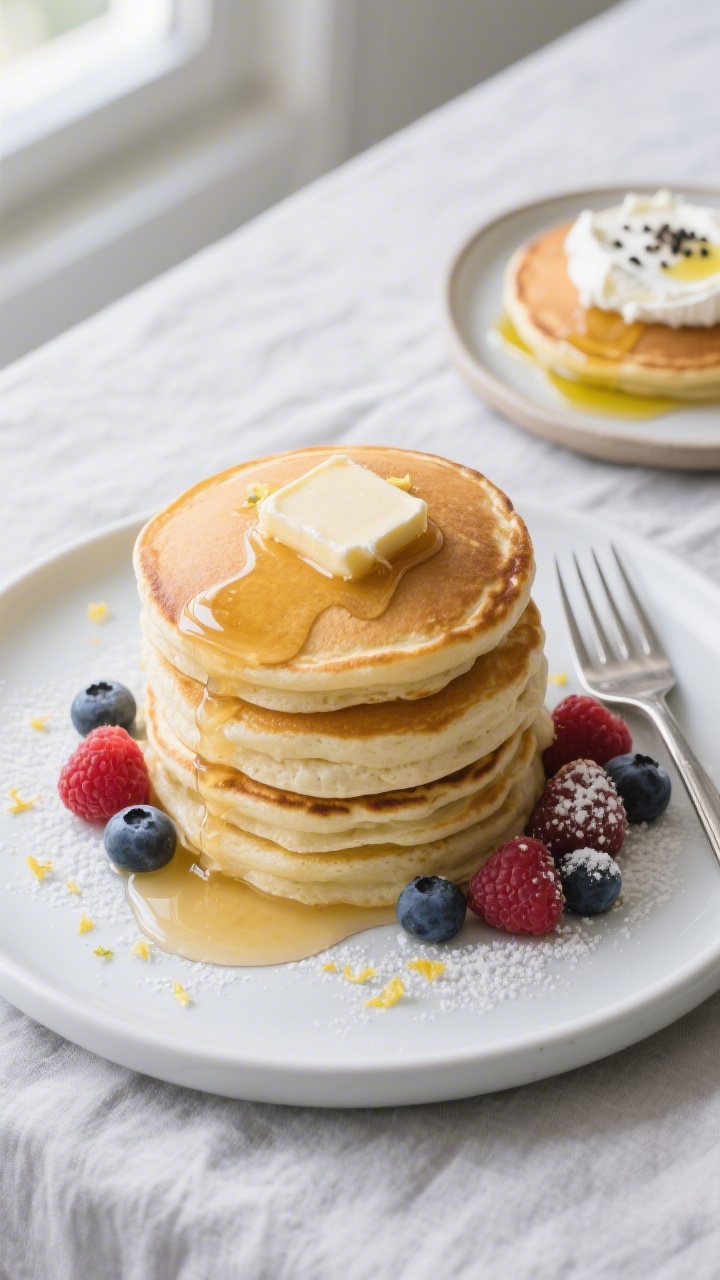 Final plated, overhead hero shot: Tall stack of creamy ricotta pancakes on a matte white plate, topp