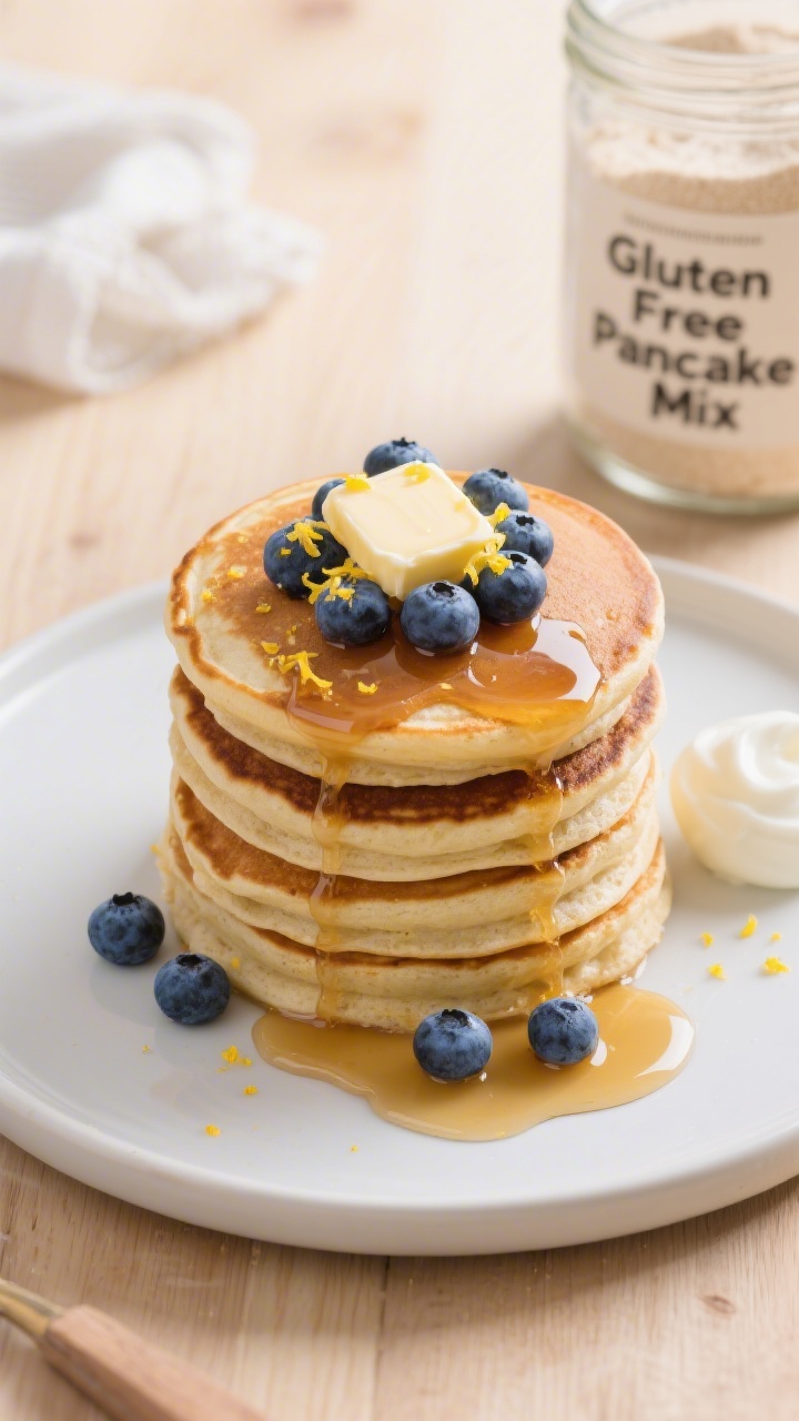 Final plated overhead: Overhead shot of a tall stack of gluten-free pancakes on a matte white plate,