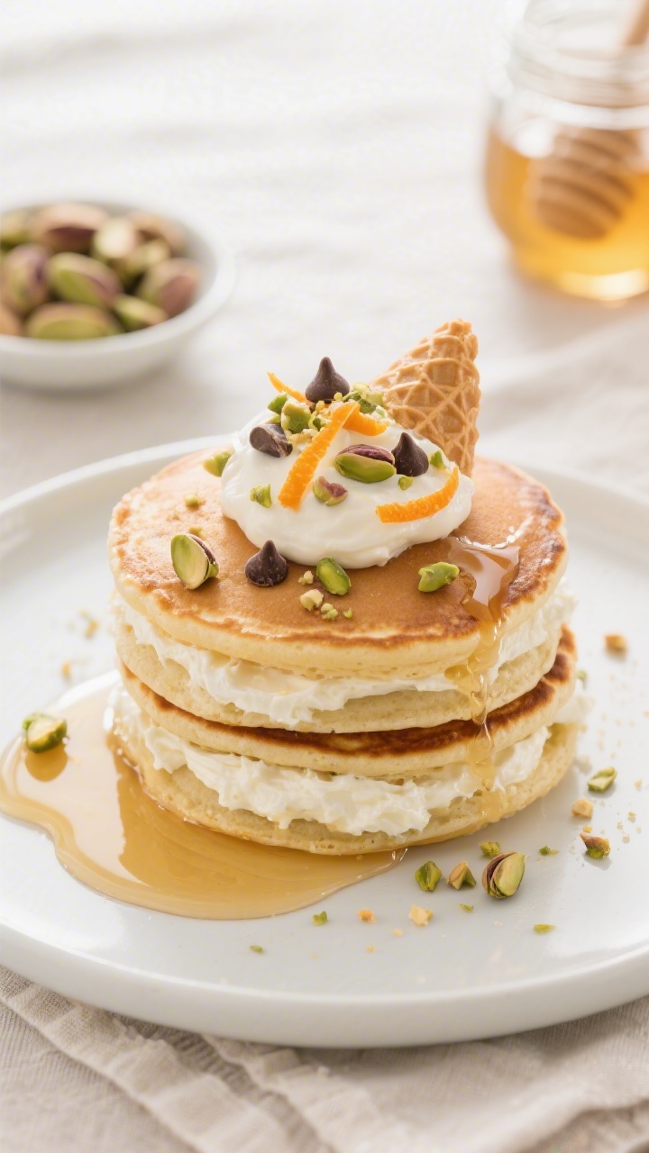 Final plated overhead: Stack of 3 cannoli pancakes on a matte white plate, layered with silky ricott