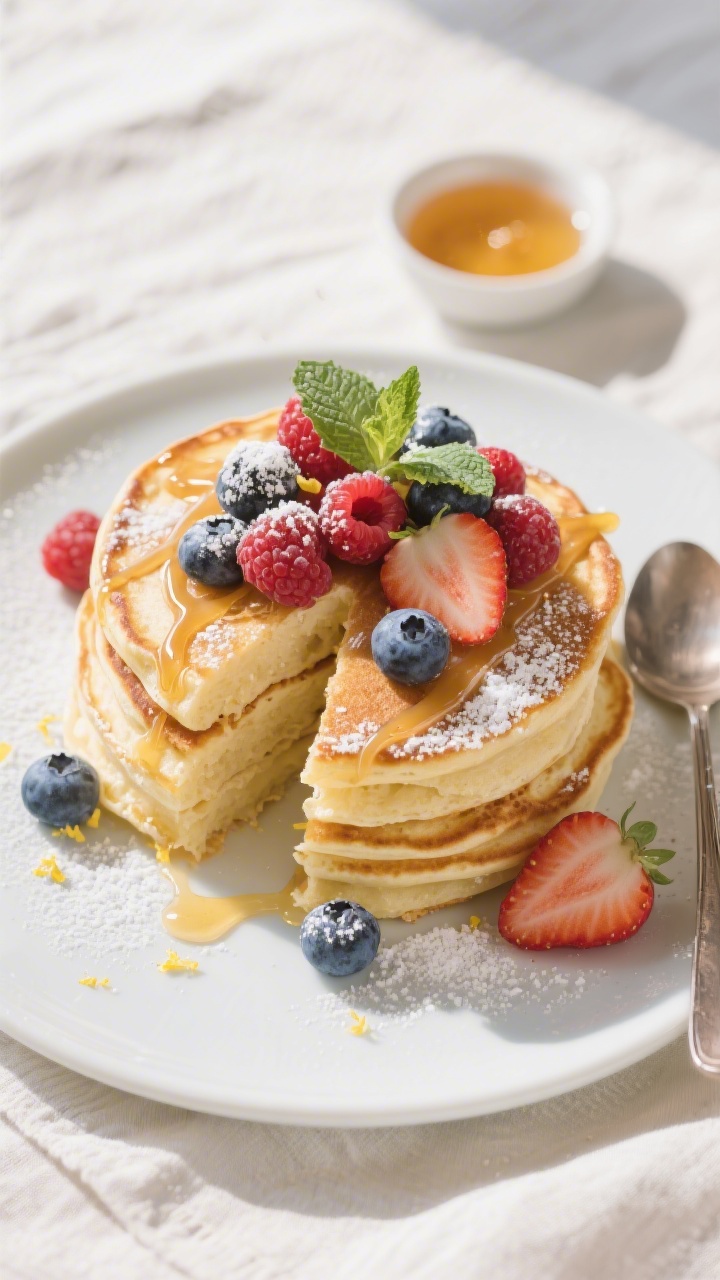Final plated overhead: Stack of Italian-style mascarpone pancakes on a matte white plate, topped wit