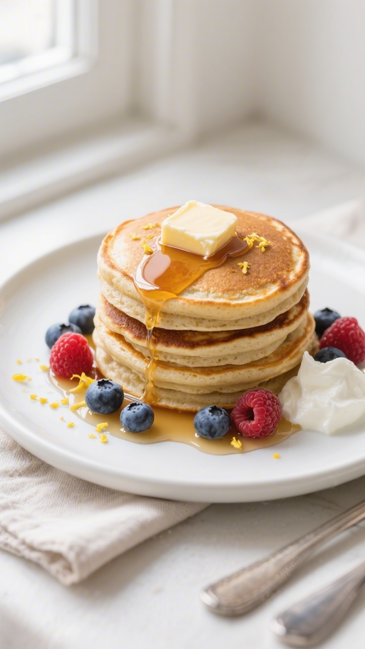 Final plated overhead: Tall stack of fluffy gluten-free pancakes on a matte white plate, pat of butt