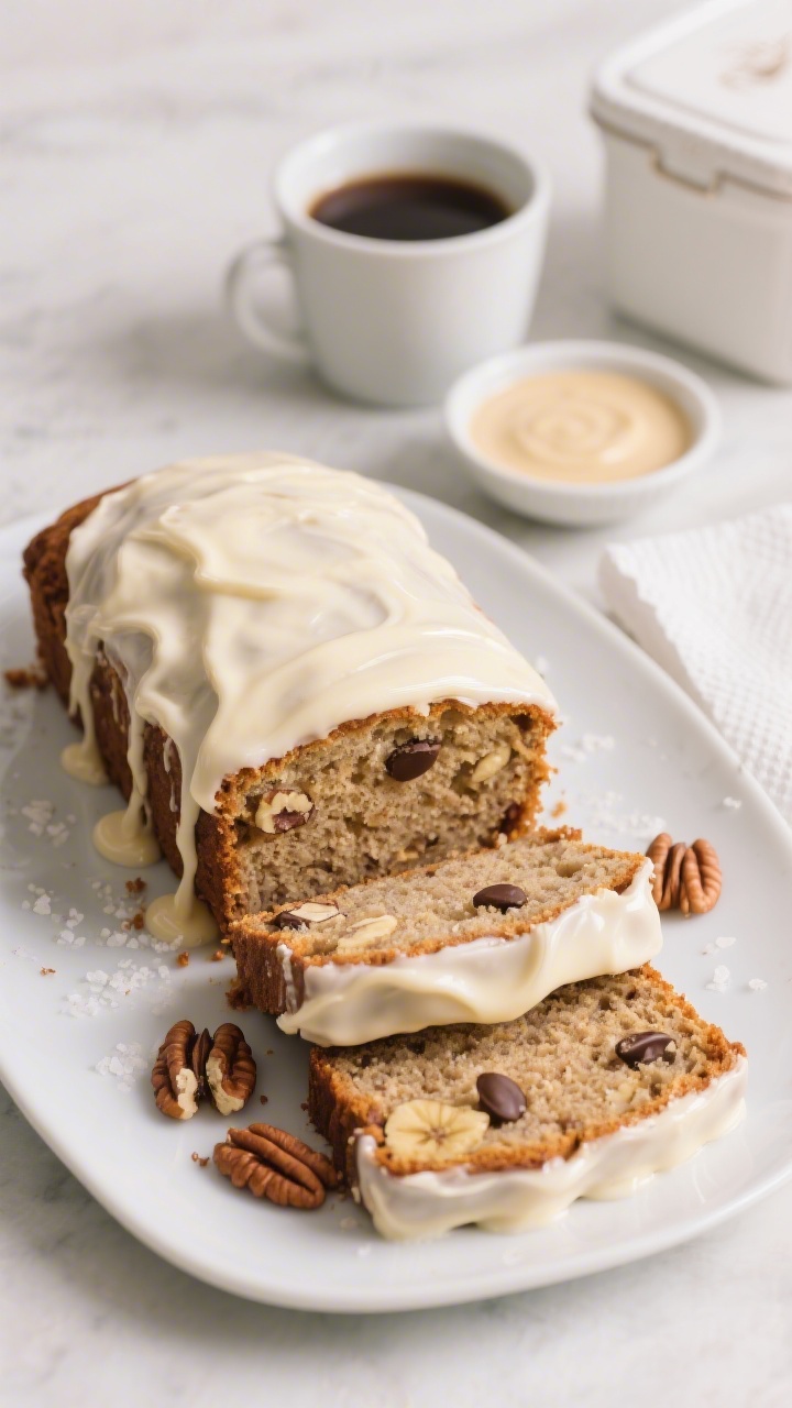 Final presentation overhead: Top-down shot of a sliced banana bread loaf on a white ceramic platter,