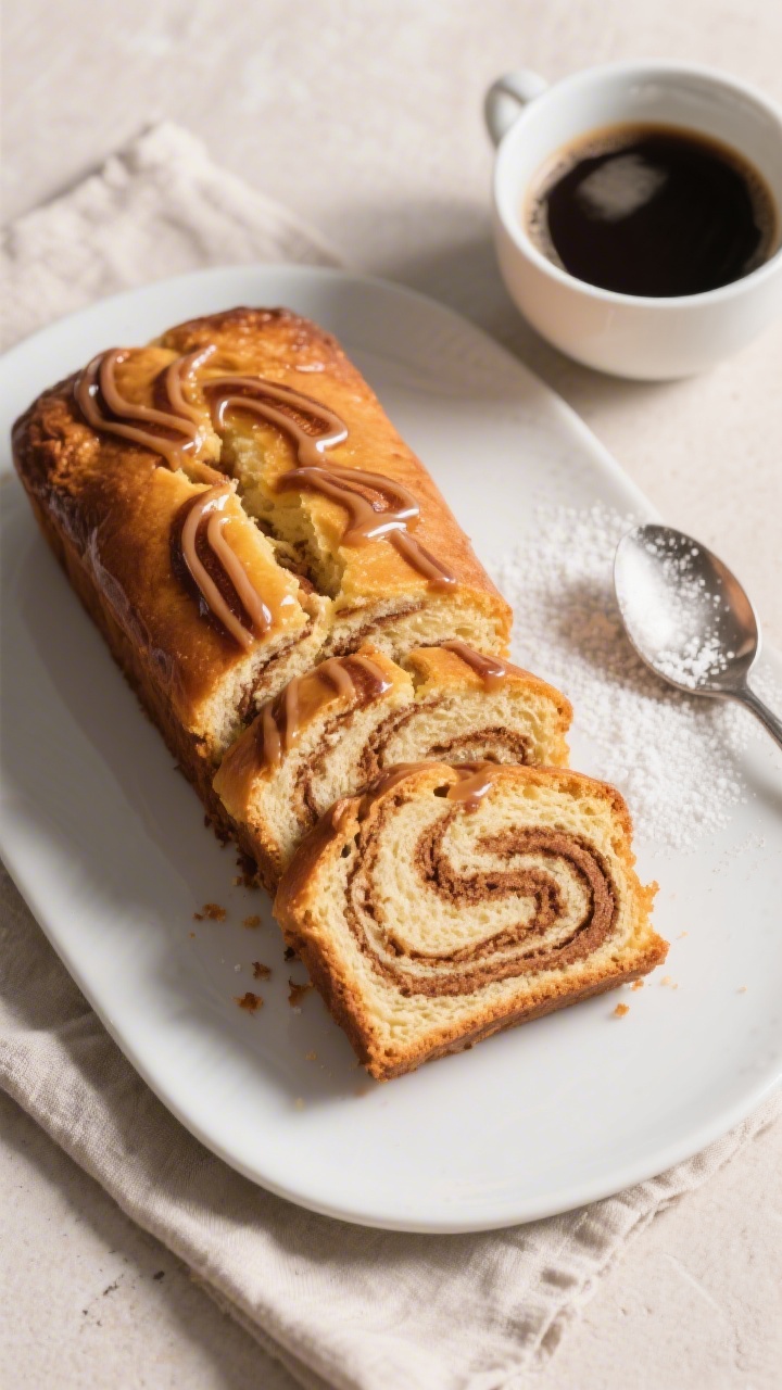 Overhead final presentation: Sliced cinnamon loaf arranged in a gentle fan on a matte white platter,