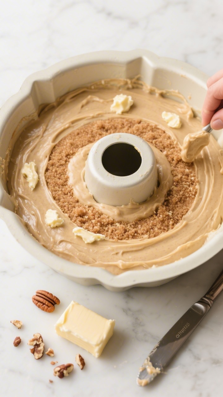 Overhead process shot: The bundt pan mid-assembly on a clean countertop, showing half the thick, pou
