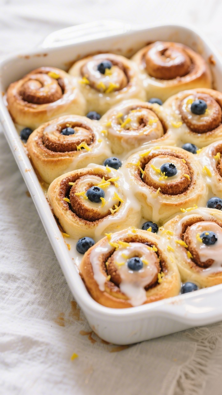 Overhead shot of a 9x13 pan of freshly baked Lemon Blueberry cinnamon rolls just out of the oven, sp