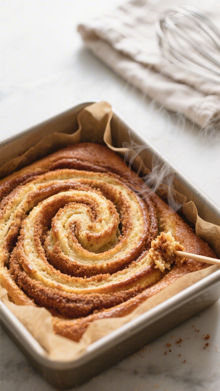 Overhead shot of a freshly baked cinnamon roll coffee cake still in the parchment-lined 9x9-inch pan