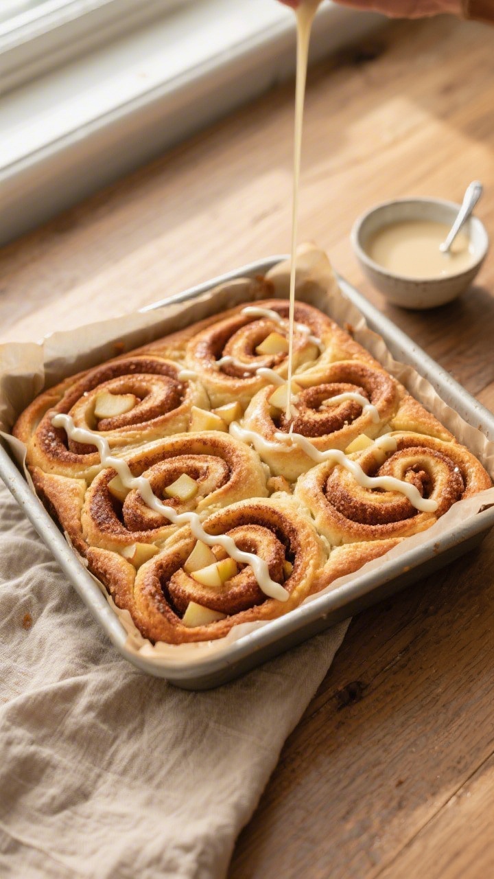 Overhead shot of freshly baked Apple Cinnamon Roll Cake in a 9x9 parchment-lined pan, warm and just