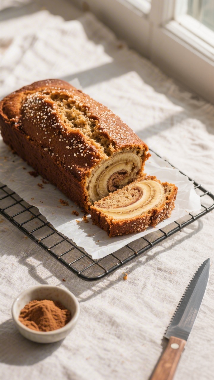Overhead shot of freshly baked cinnamon banana bread cooling on a wire rack, parchment sling visible