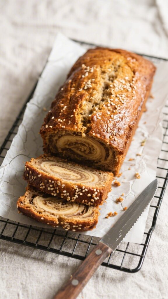Overhead shot of the baked banana bread loaf just out of the pan on a wire rack, showing a deeply go