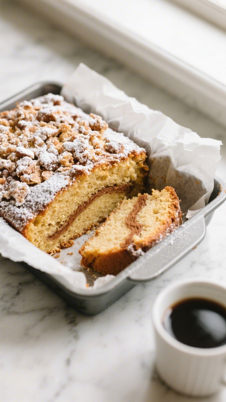Overhead shot of the baked cinnamon coffee cake just lifted from a 9-inch square pan using a parchme