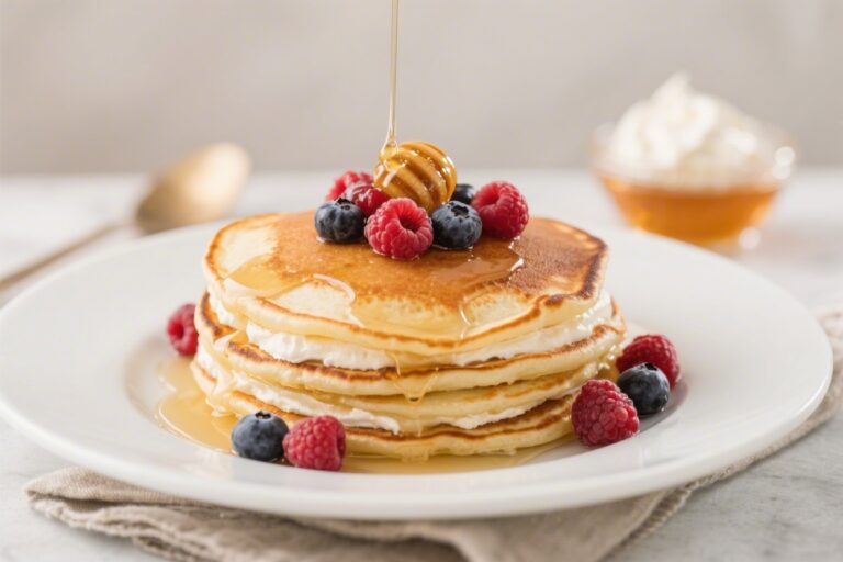 Italian-Style Mascarpone Pancakes with Honey & Berries – Light, Fluffy, and Weekend-Ready