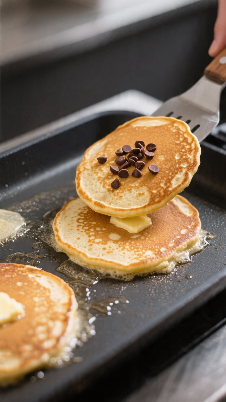 Close-up cooking process shot of pancakes on a preheated nonstick griddle at medium heat, showing on