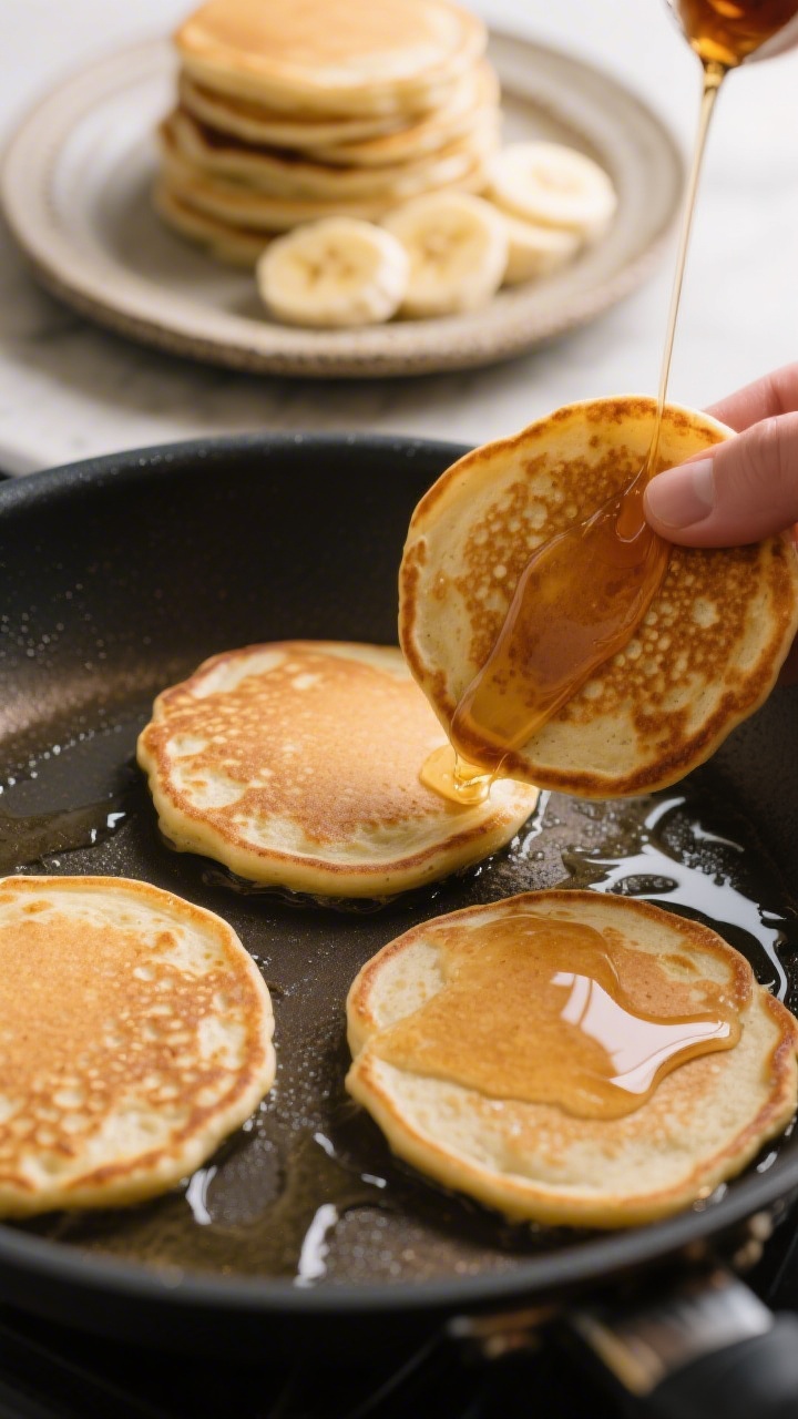 Close-up cooking process shot of Vegan Banana Pancakes on a nonstick skillet: three pancakes mid-coo