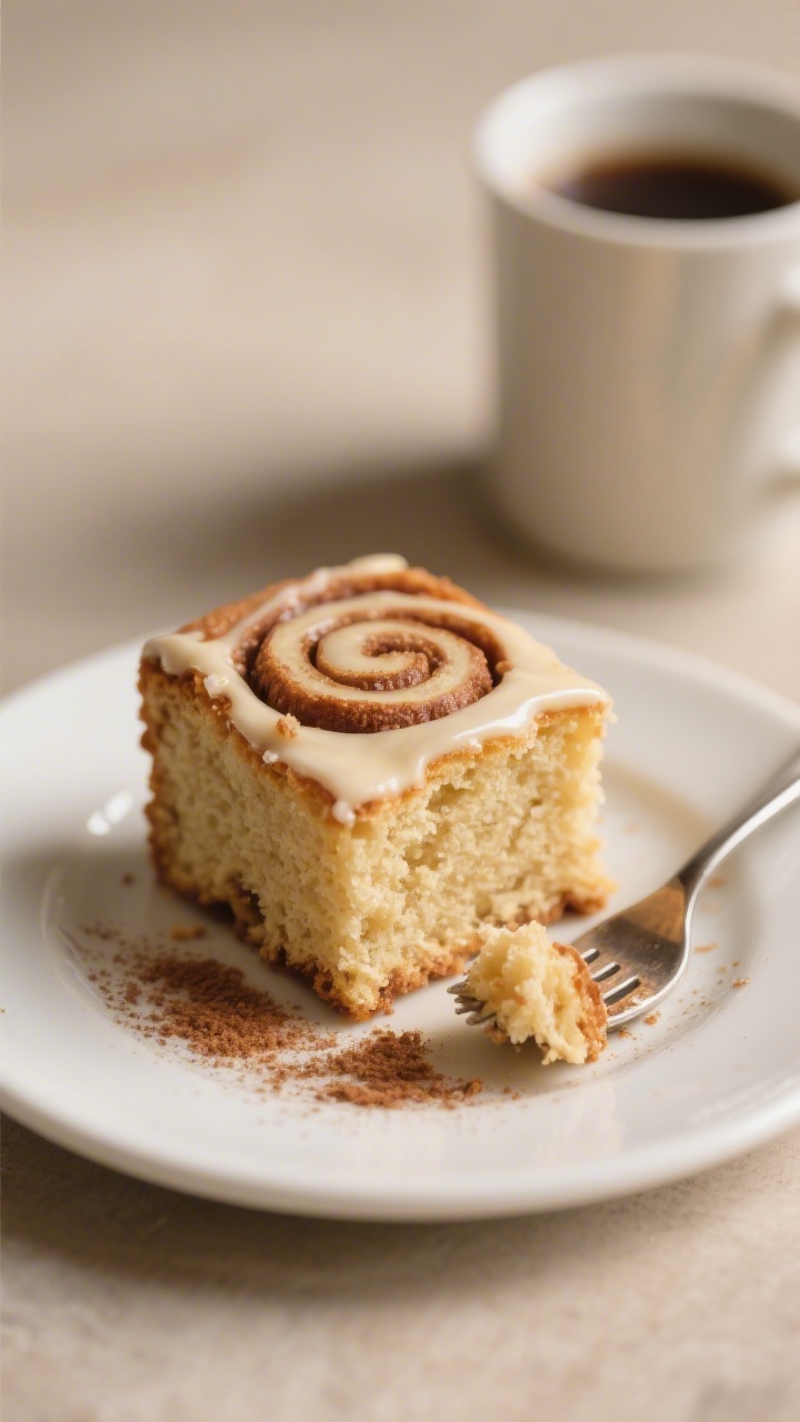 Close-up detail of a single square slice of cinnamon roll coffee cake on a matte white plate, tight 