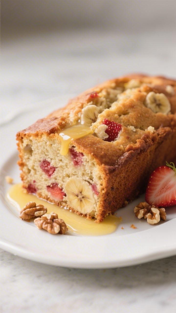 Close-up detail of a sliced strawberry banana loaf on a white ceramic platter, showcasing the ultra-